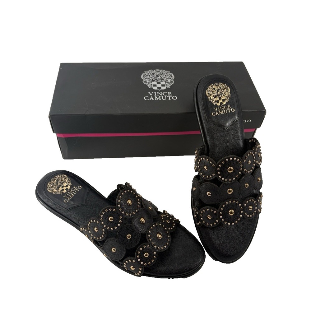 NIB Vince Camuto Sennie Studded Leather Suede Slide Sandal Black Size 10